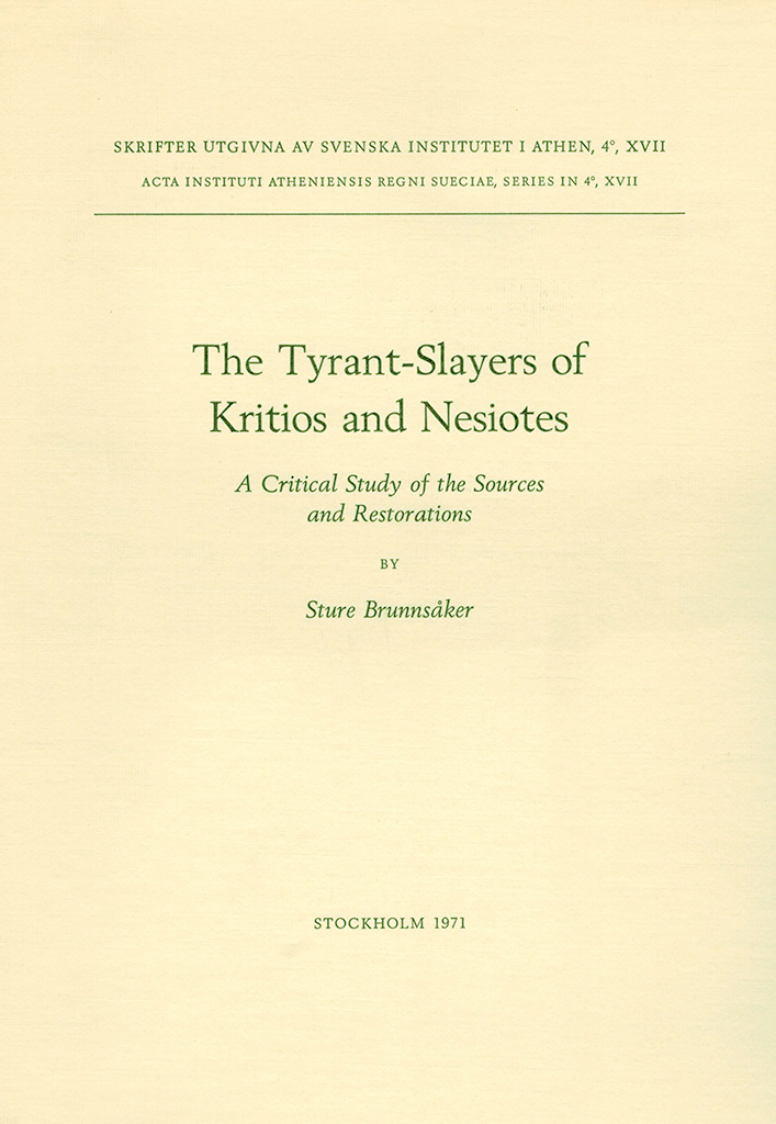 Front cover of The Tyrant Salyers of Kritios and Nesiotes, Stockholm 1971
