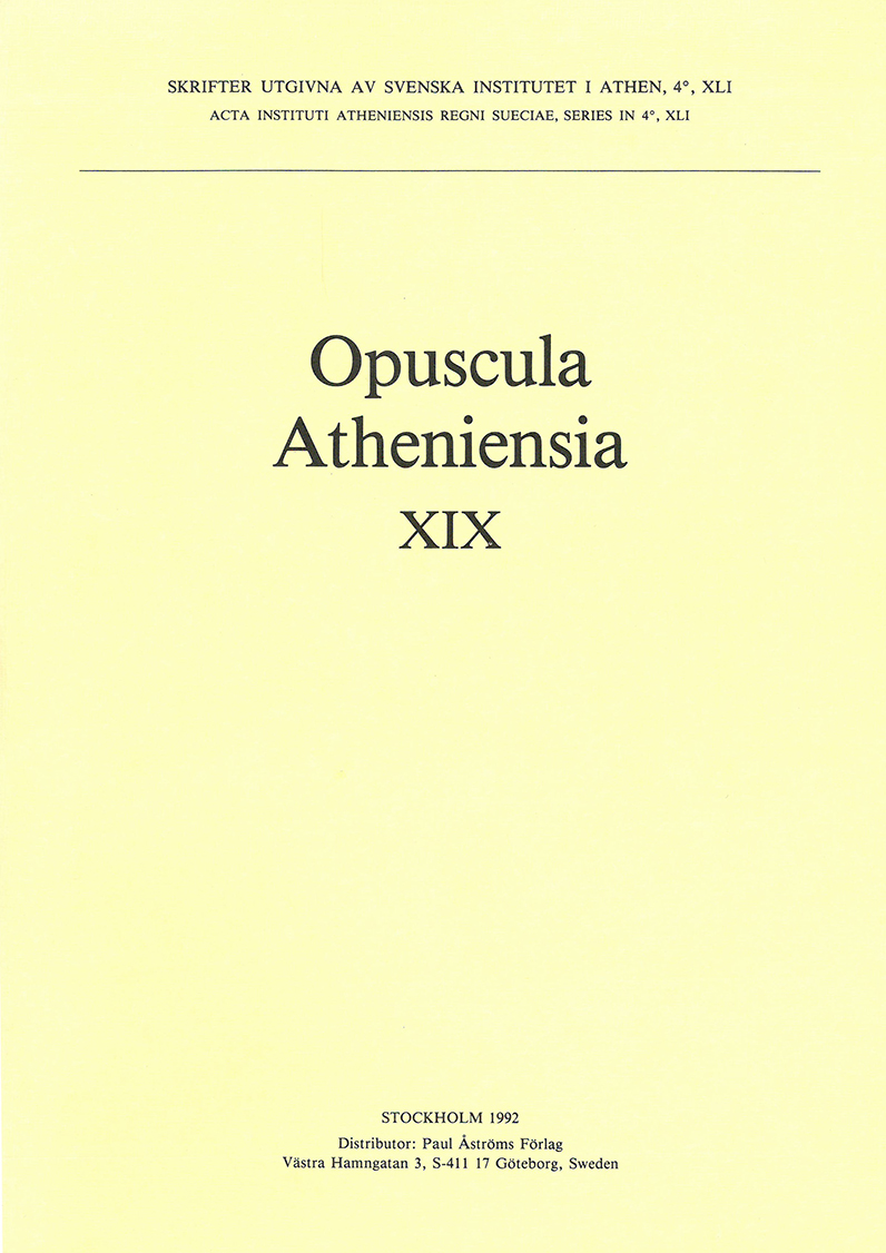 Brita Alroth, ed., Opuscula Atheniensia 19 (Skrifter utgivna av Svenska Institutet i Athen, 4°, 41), Stockholm 1992. ISSN 0586-0539. ISBN 978-91-7916-023-4. Soft cover: 204 pages.