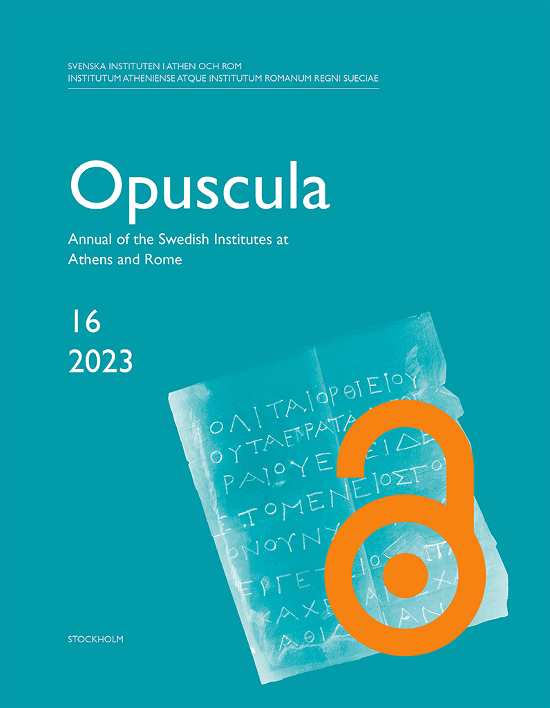 Front cover of Opuscula. Annual of the Swedish Institutes at Athens and Rome (OpAthRom) 16, Stockholm 2023. ISSN: 2000-0898. ISBN: 978-91-977799-5-1. Softcover, 268 pages. https://doi.org/10.30549/opathrom-16
